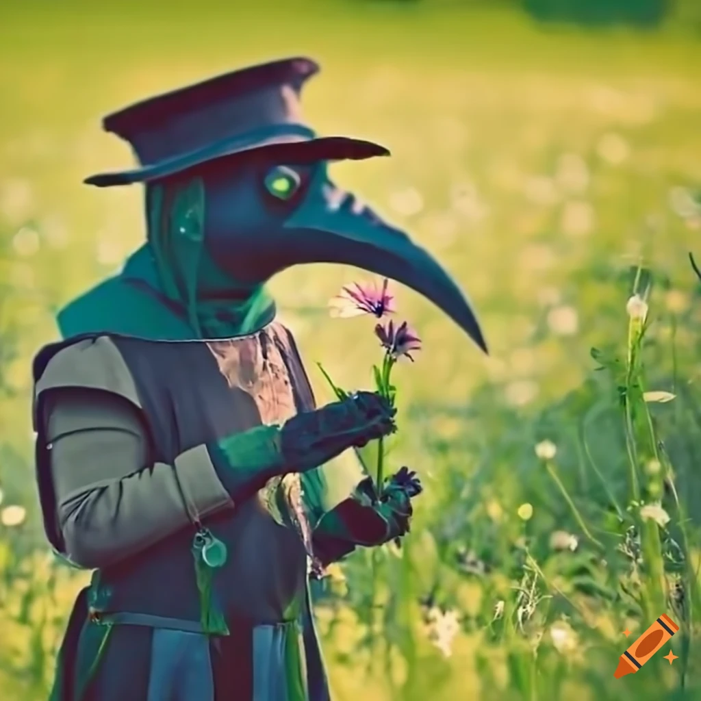 plague doctor picking flowers in a meadow
