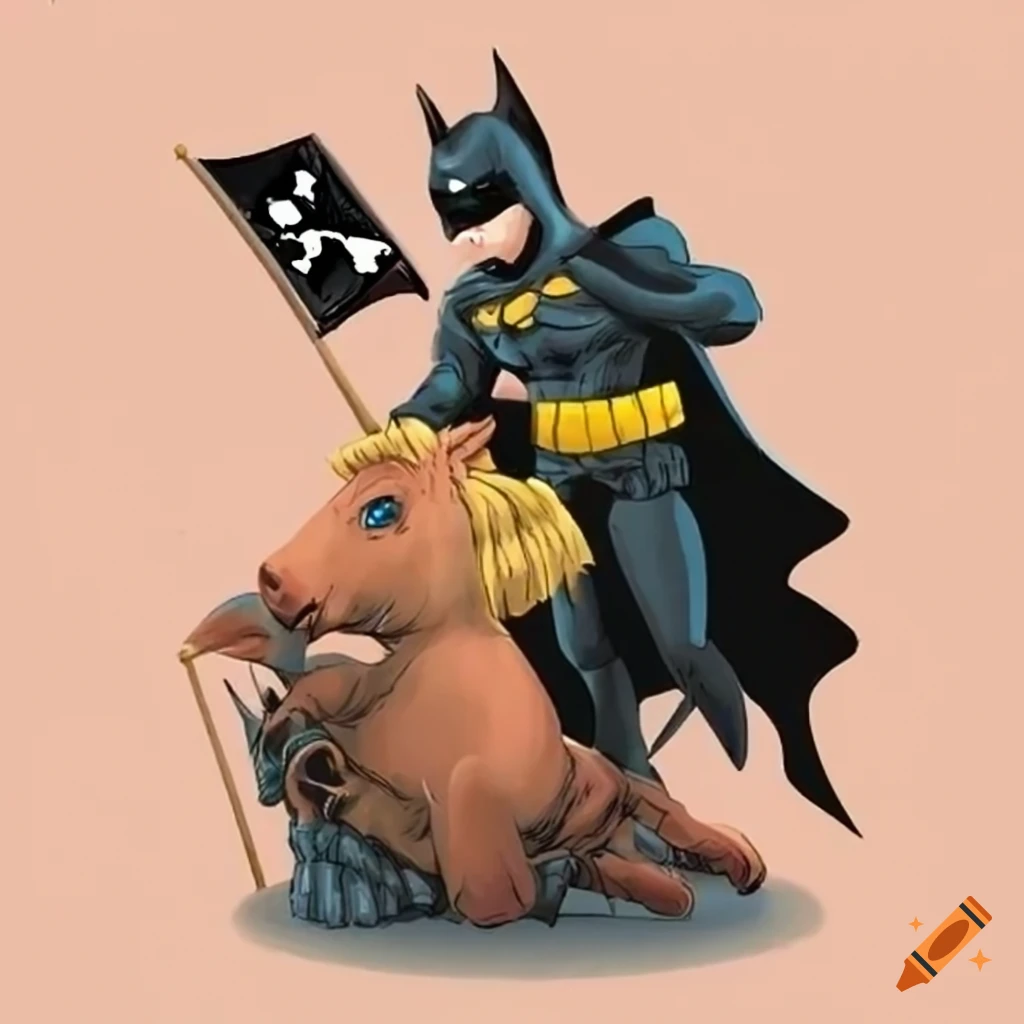 Image of Batman riding a unicorn with a pirate flag on Craiyon