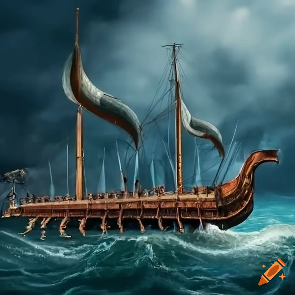 depiction of a Roman trireme and modern battleship in a fierce sea battle