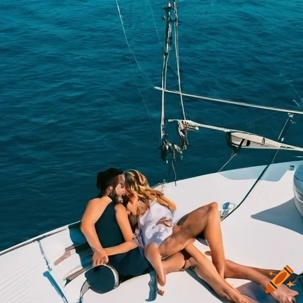 photorealistic depiction of couple hugging on yacht