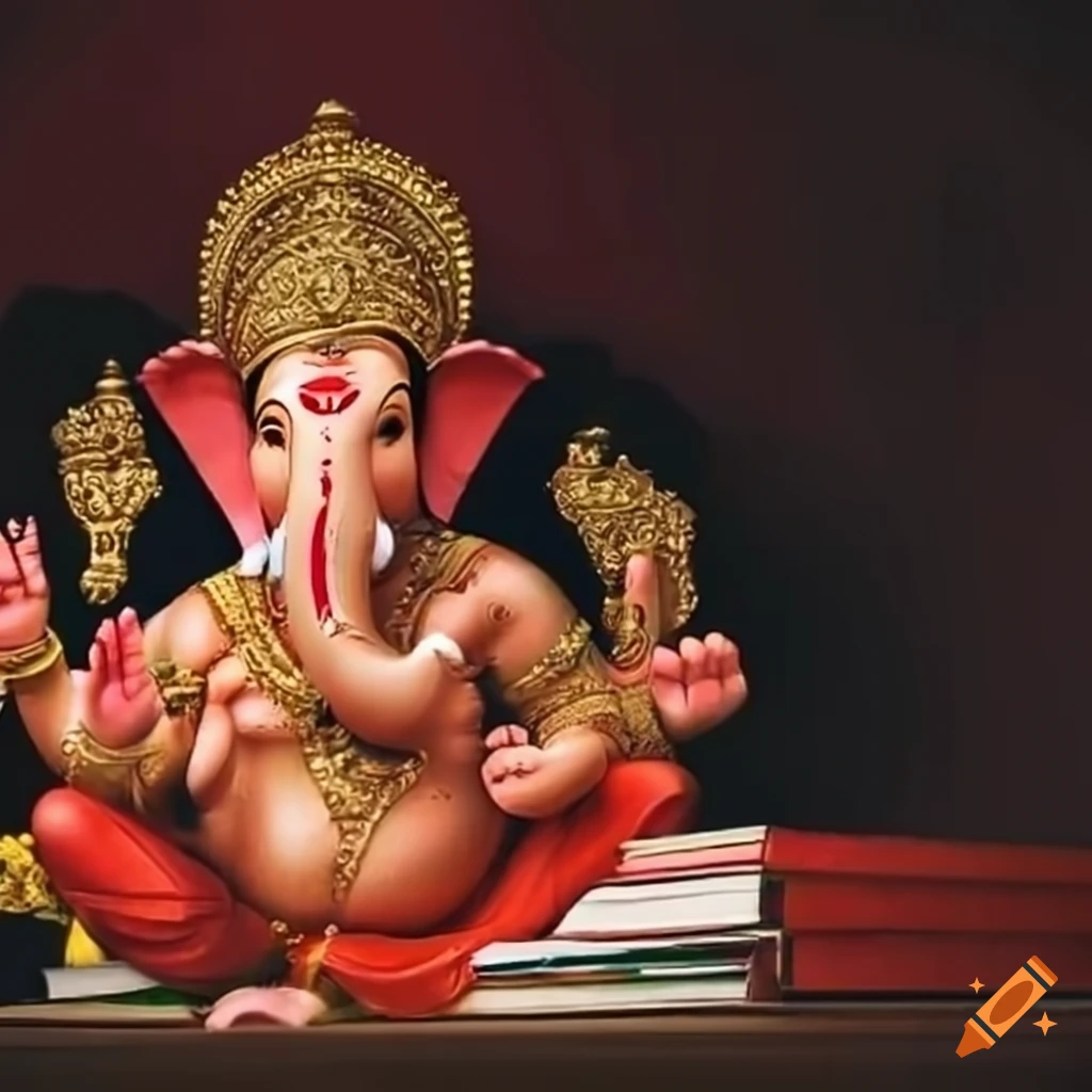 Lord Ganpati surrounded by books