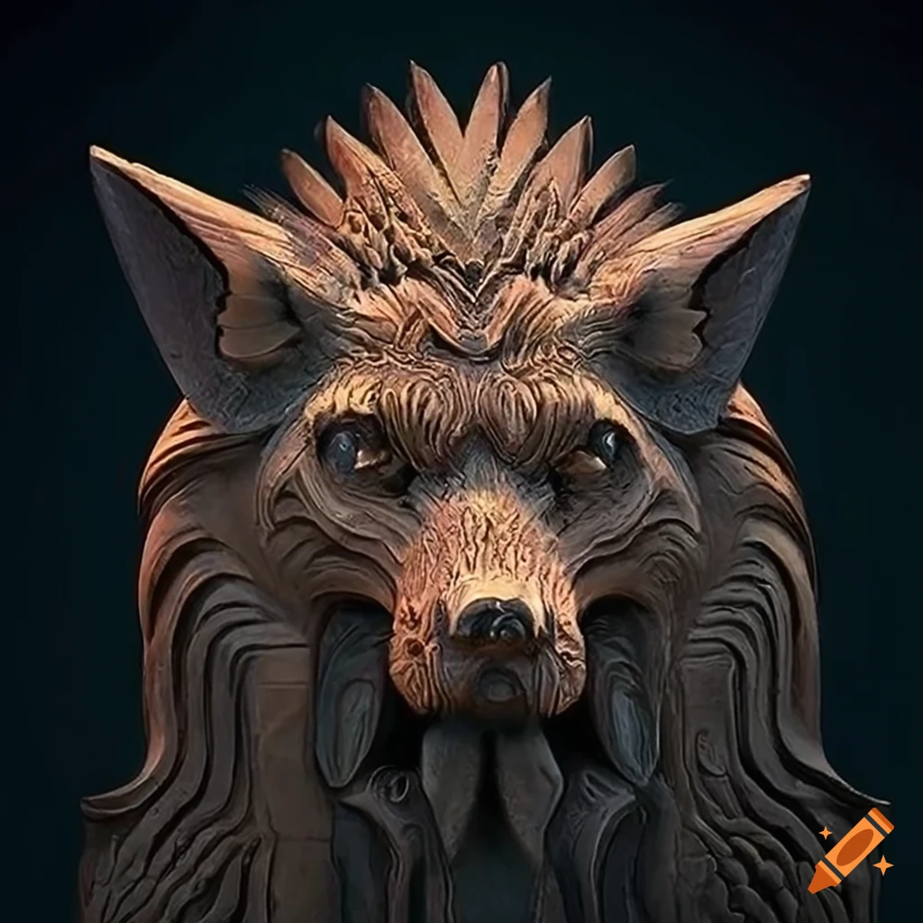 detailed moth werewolf carving artwork