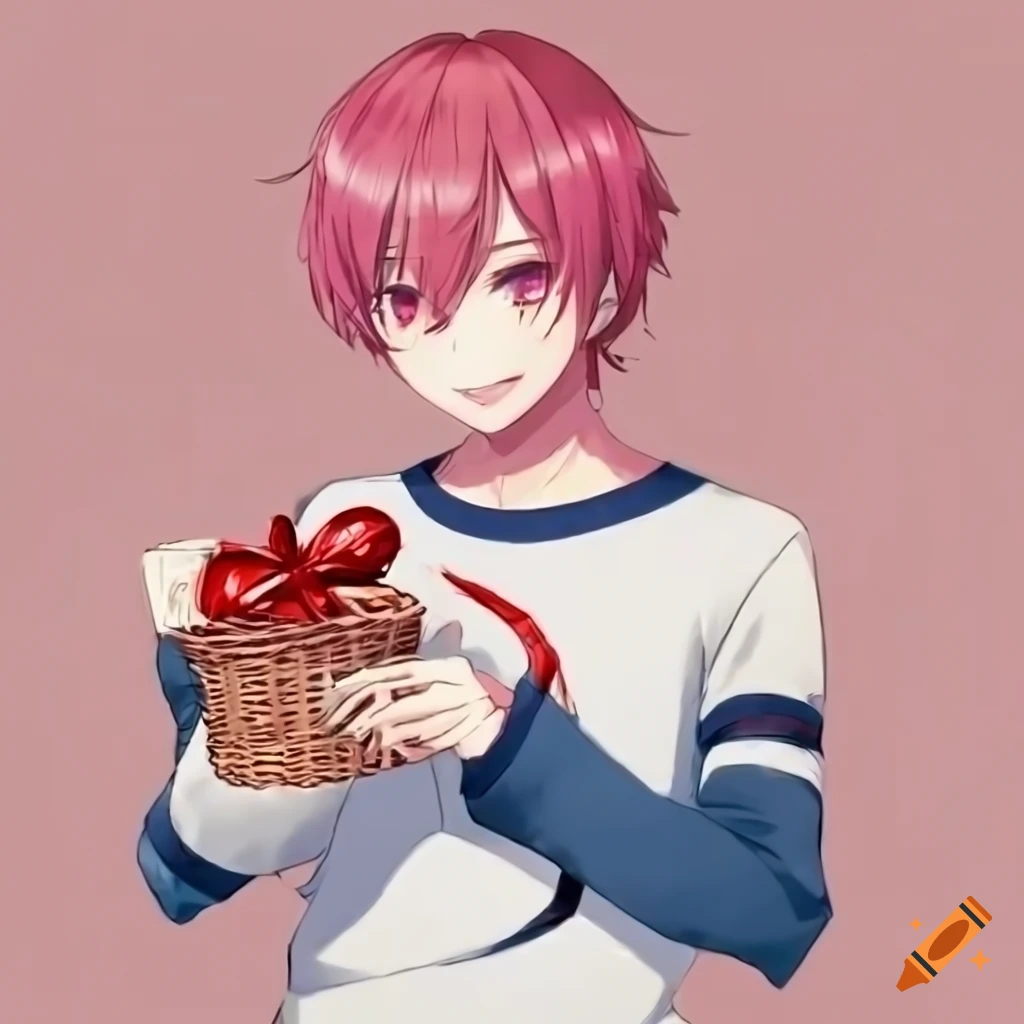cute anime yandere boy with pink hair and eyes offering a gift basket
