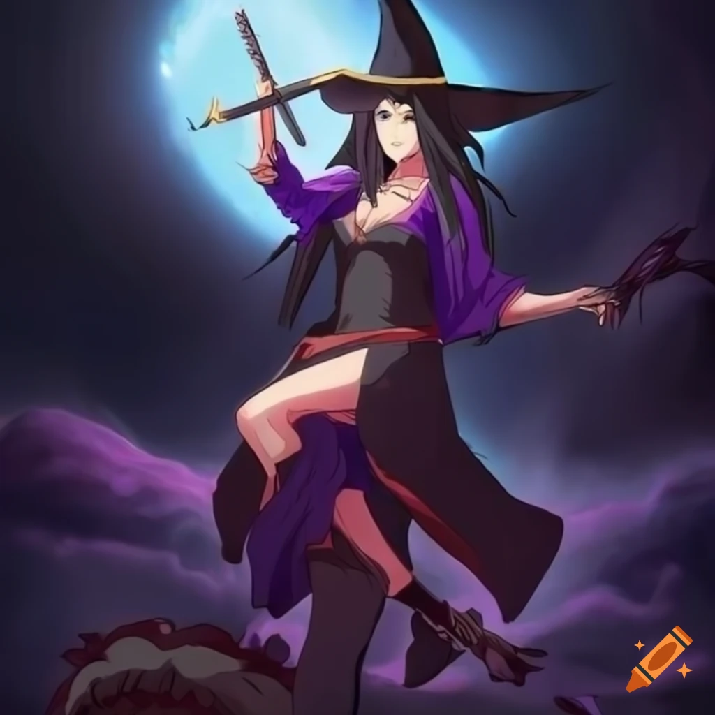 anime-style portrait of a powerful witch with a sword