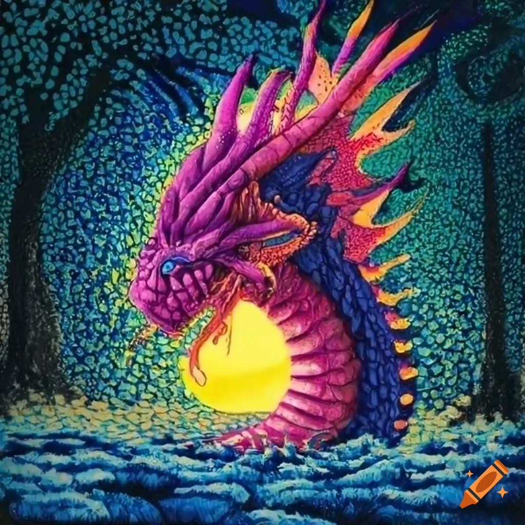 pointillism artwork of a pink dragon centipede