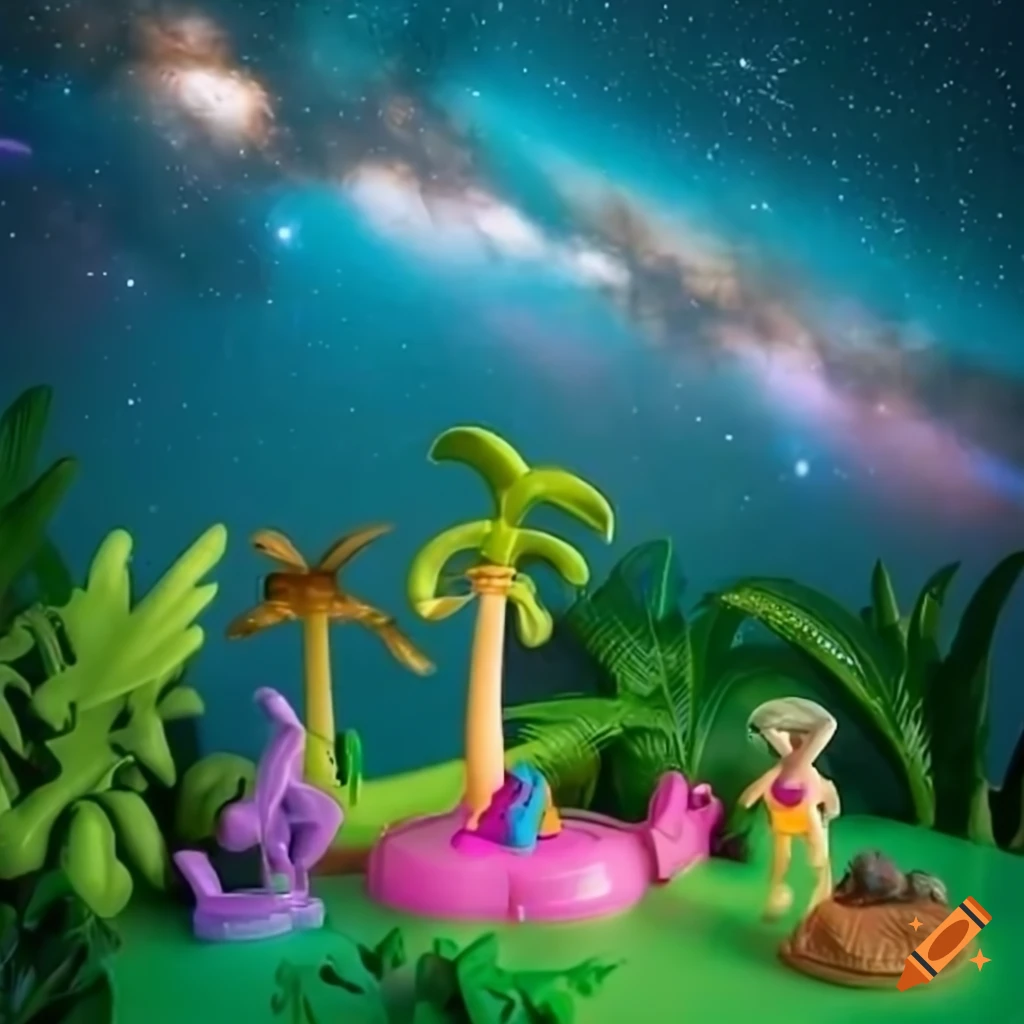 Polly Pocket tropical island with palm trees under starry sky