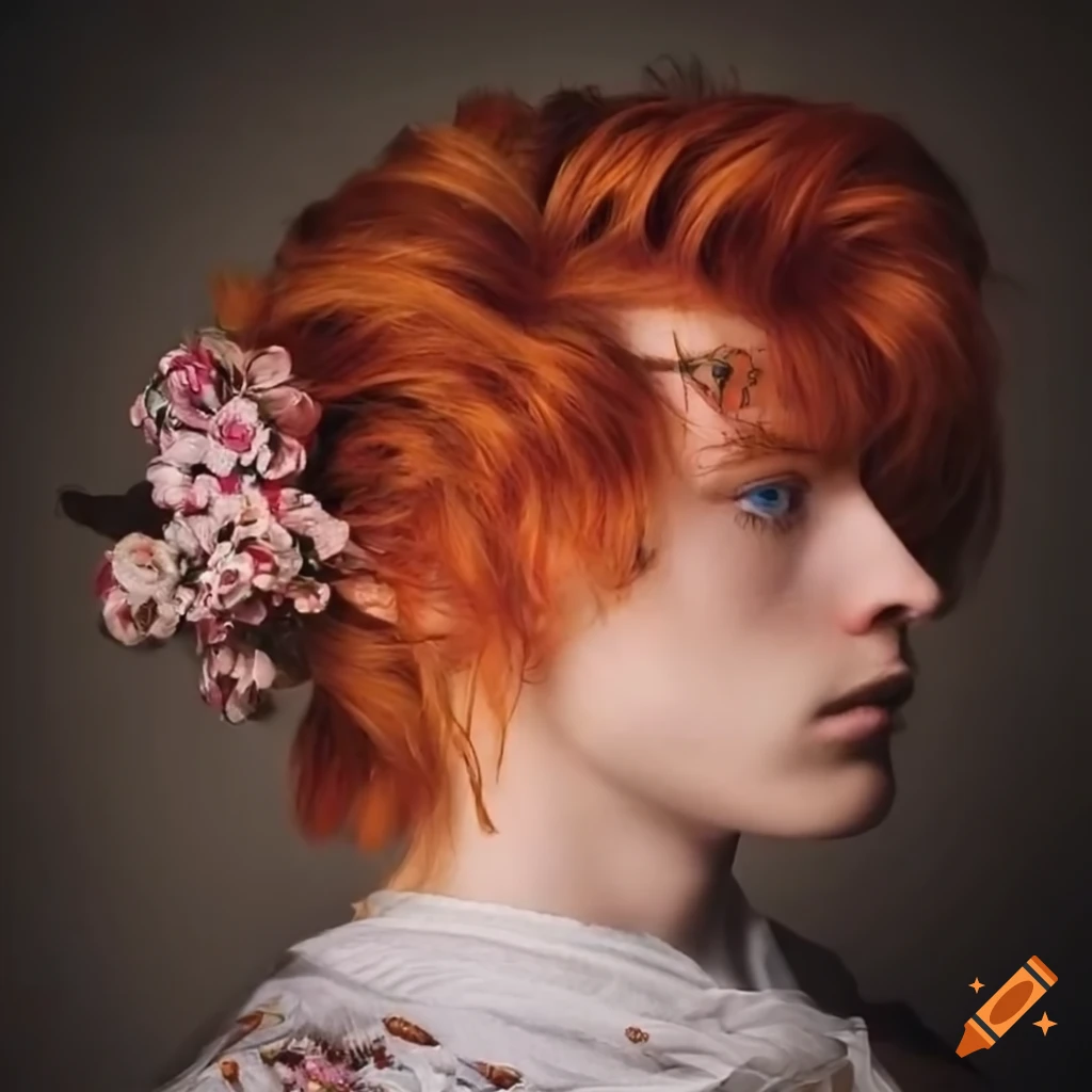 fashionable androgynous person with red hair and a vine leaf in their hair