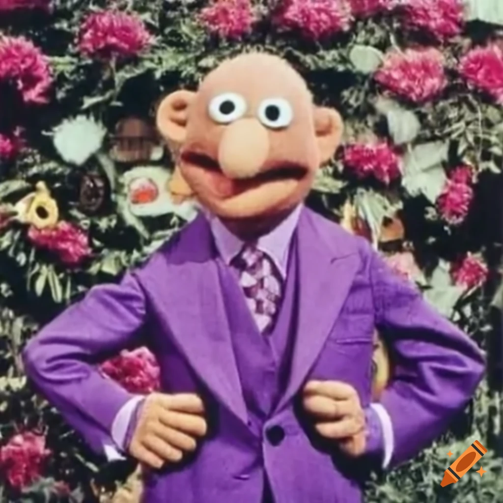 image of a bald man in a purple suit with a stitched-up town backdrop