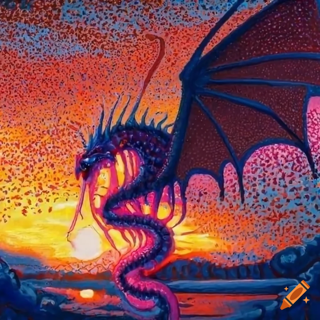 pointillism artwork of a pink dragon centipede