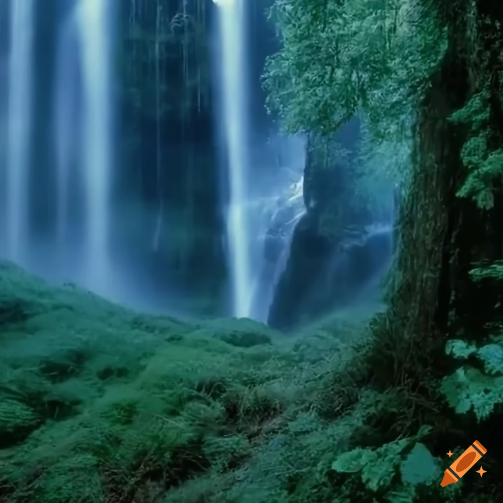 Spectacular waterfall in a moonlit clearing on Craiyon