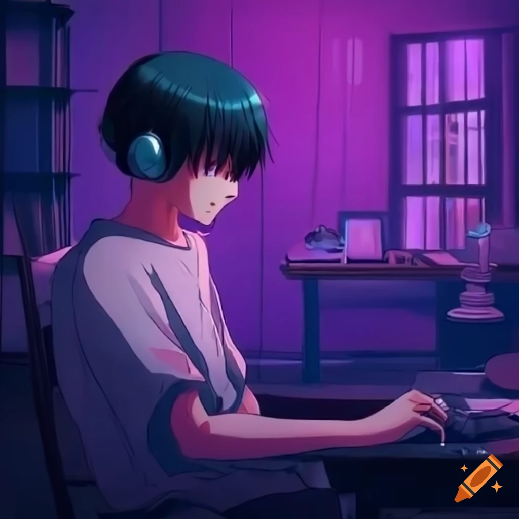 anime boy relaxing in a study room at night