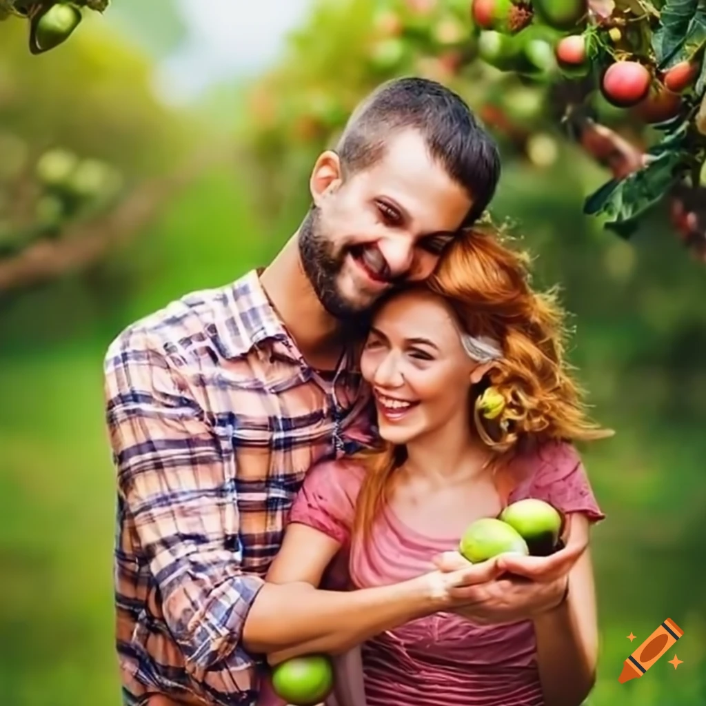 happy couple in an orchard