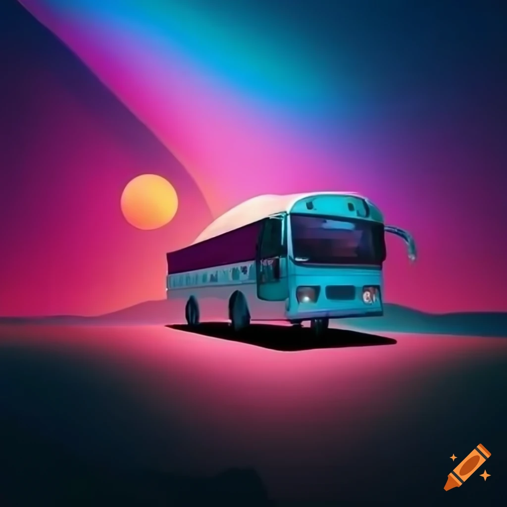 neon effect on a tourist bus with landscape background