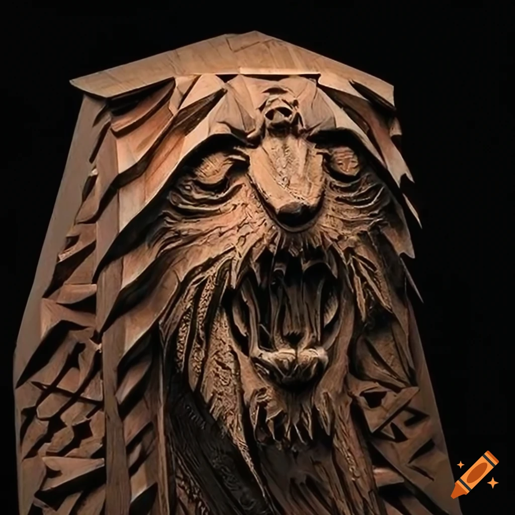 detailed moth werewolf carving artwork