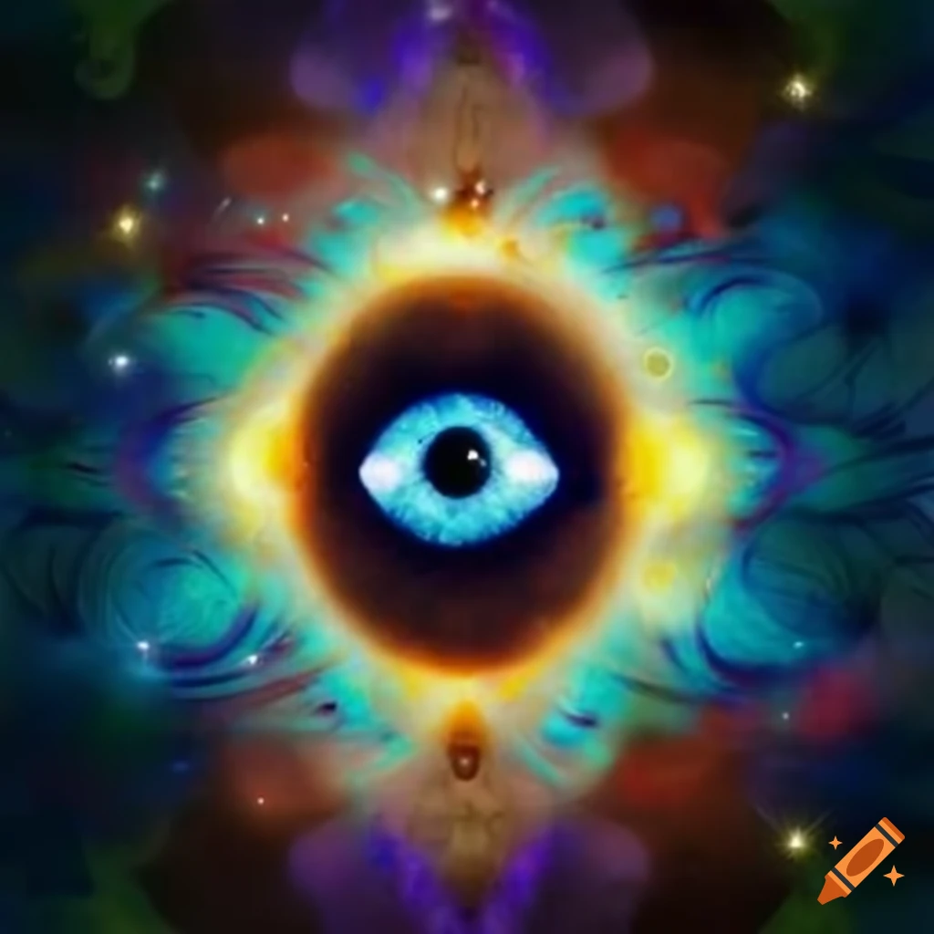artwork of a floating eye in sacred geometry
