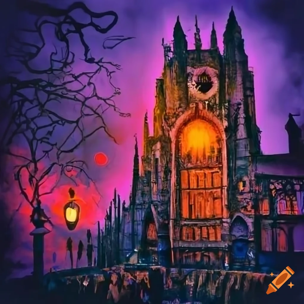 Tim Burton-style depiction of Dublin in Halloween colors
