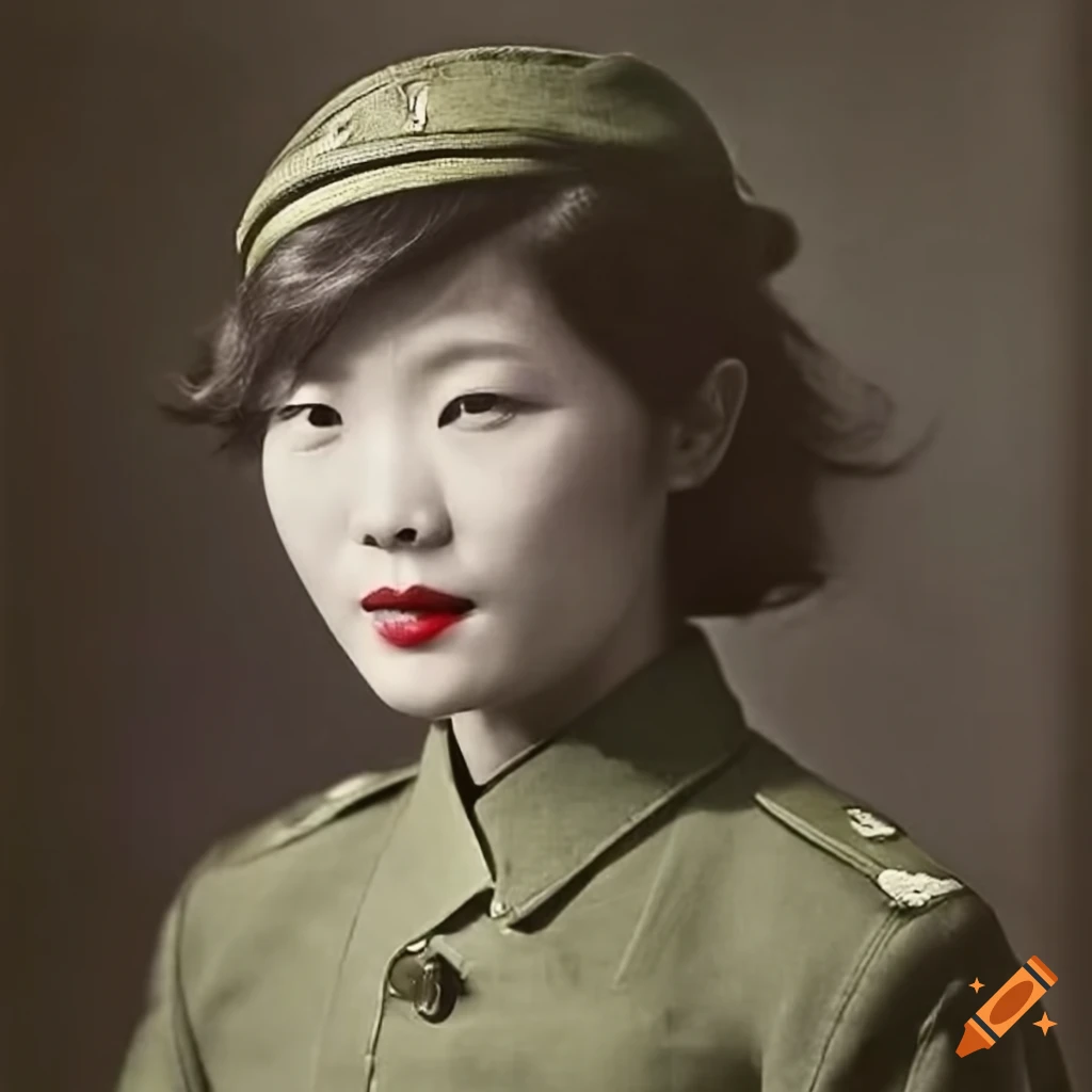 vintage photo of a Chinese woman in military clothes with a gun