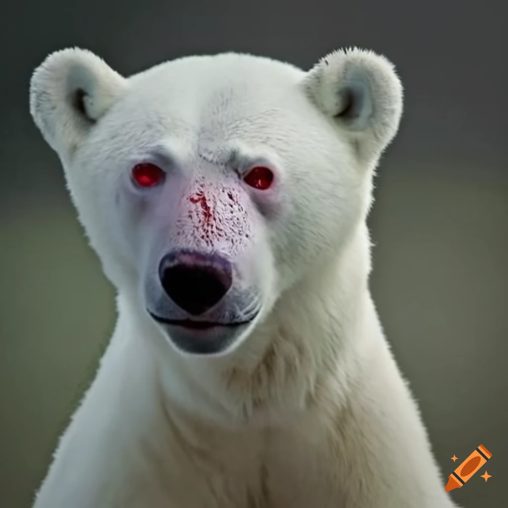 close-up of a polar bear with red eyes and scars