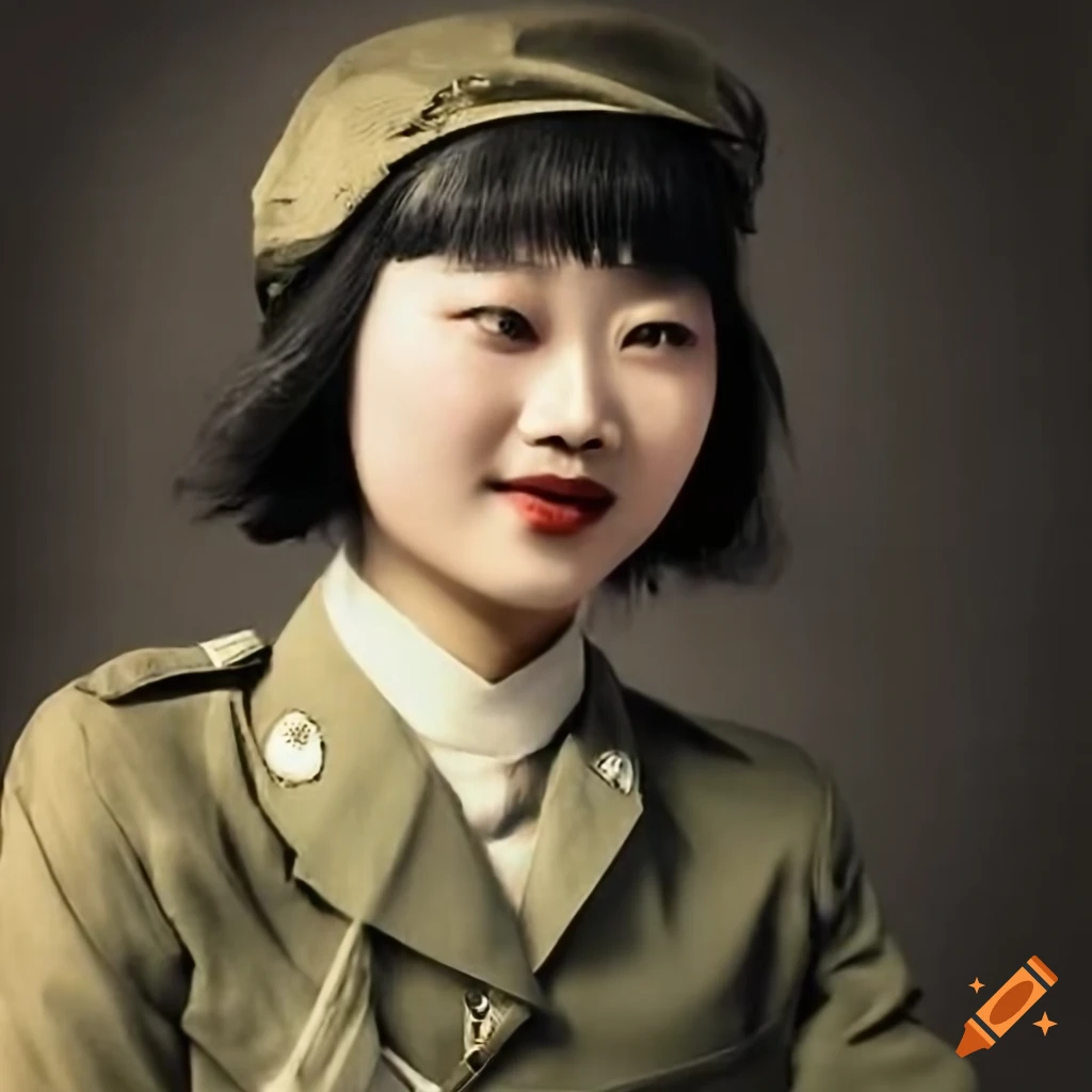vintage photo of a Chinese woman in military clothes with a gun