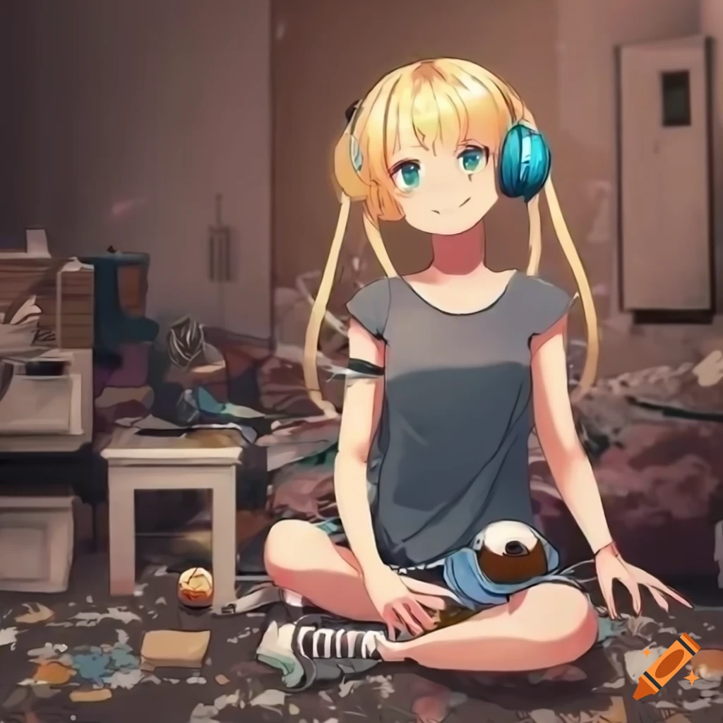 anime girl with headphones surrounded by kittens in a messy apartment