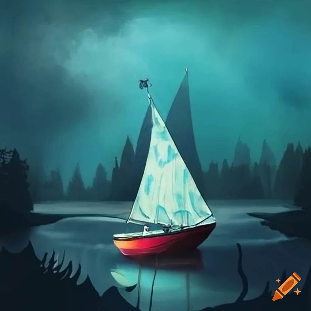 sailboat on a river in Tim Burton style