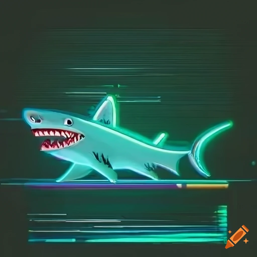 neon sign of vintage cartoon shark surrounded by tropical plants