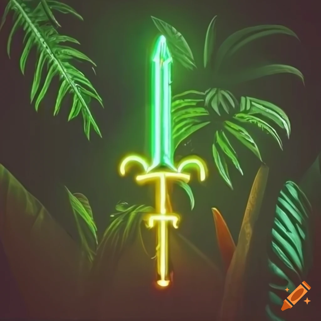 neon medieval sword sign with tropical plants in the foreground