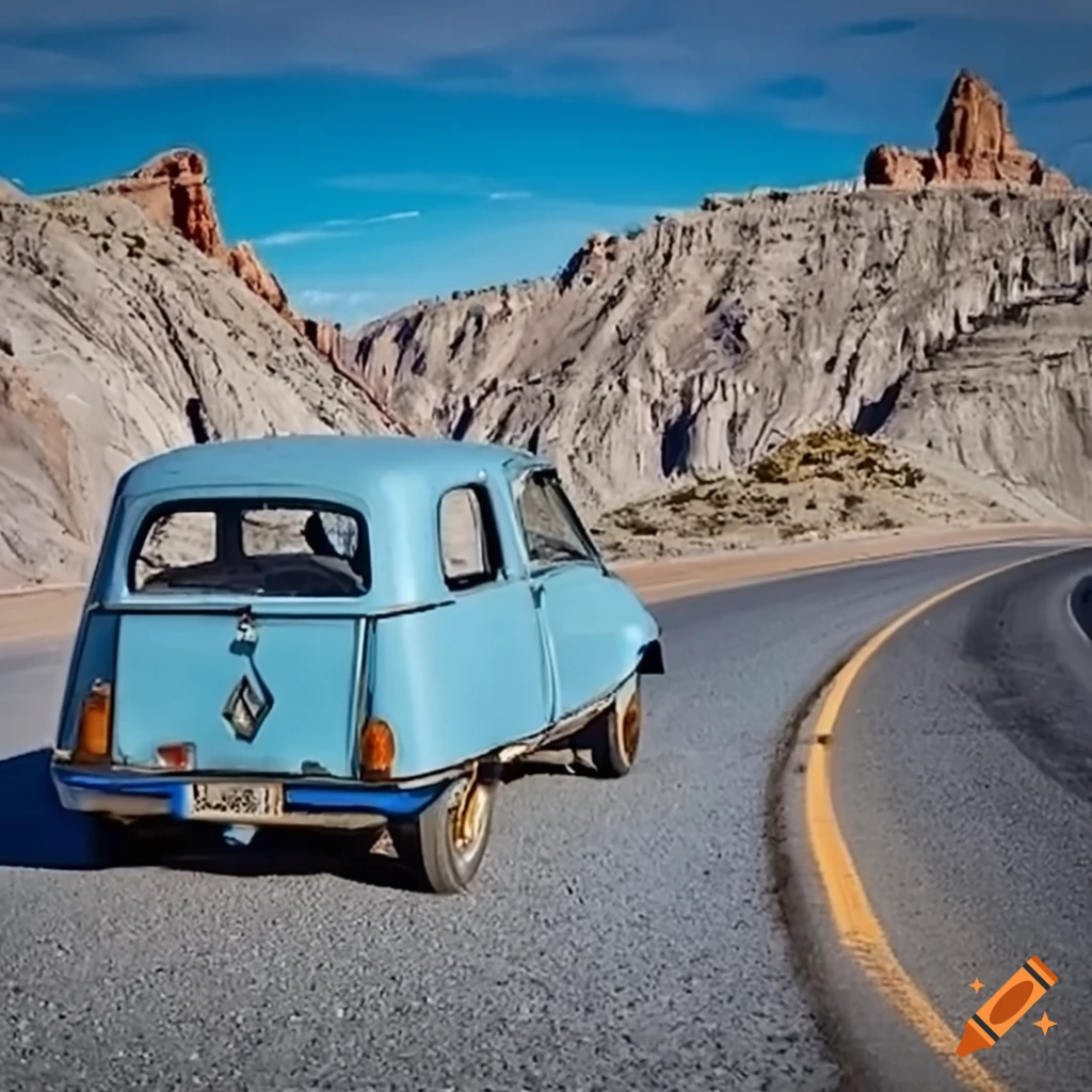 blue renault 4L on Utah highway