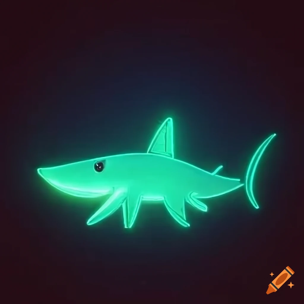neon sign of vintage cartoon shark surrounded by tropical plants