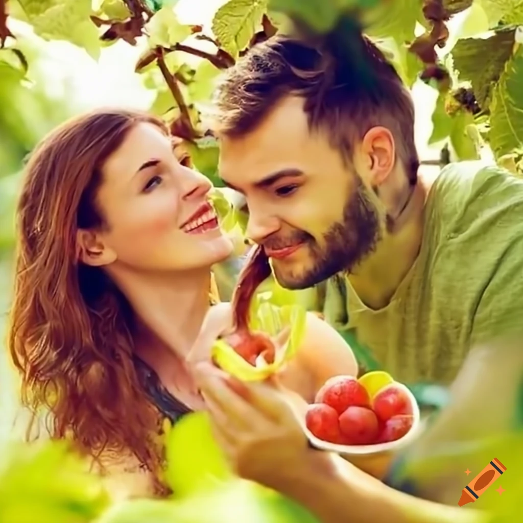 happy couple in an orchard