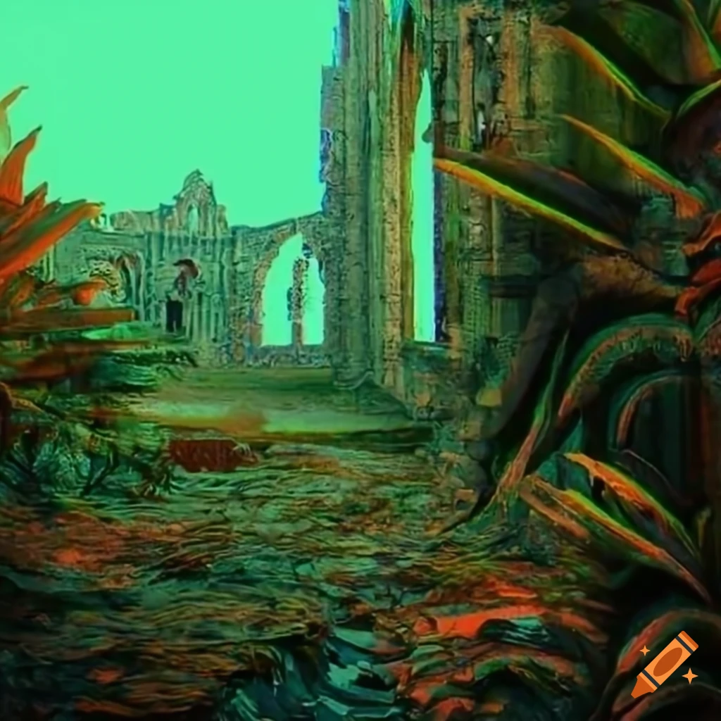 colorful tropical plants and medieval ruins