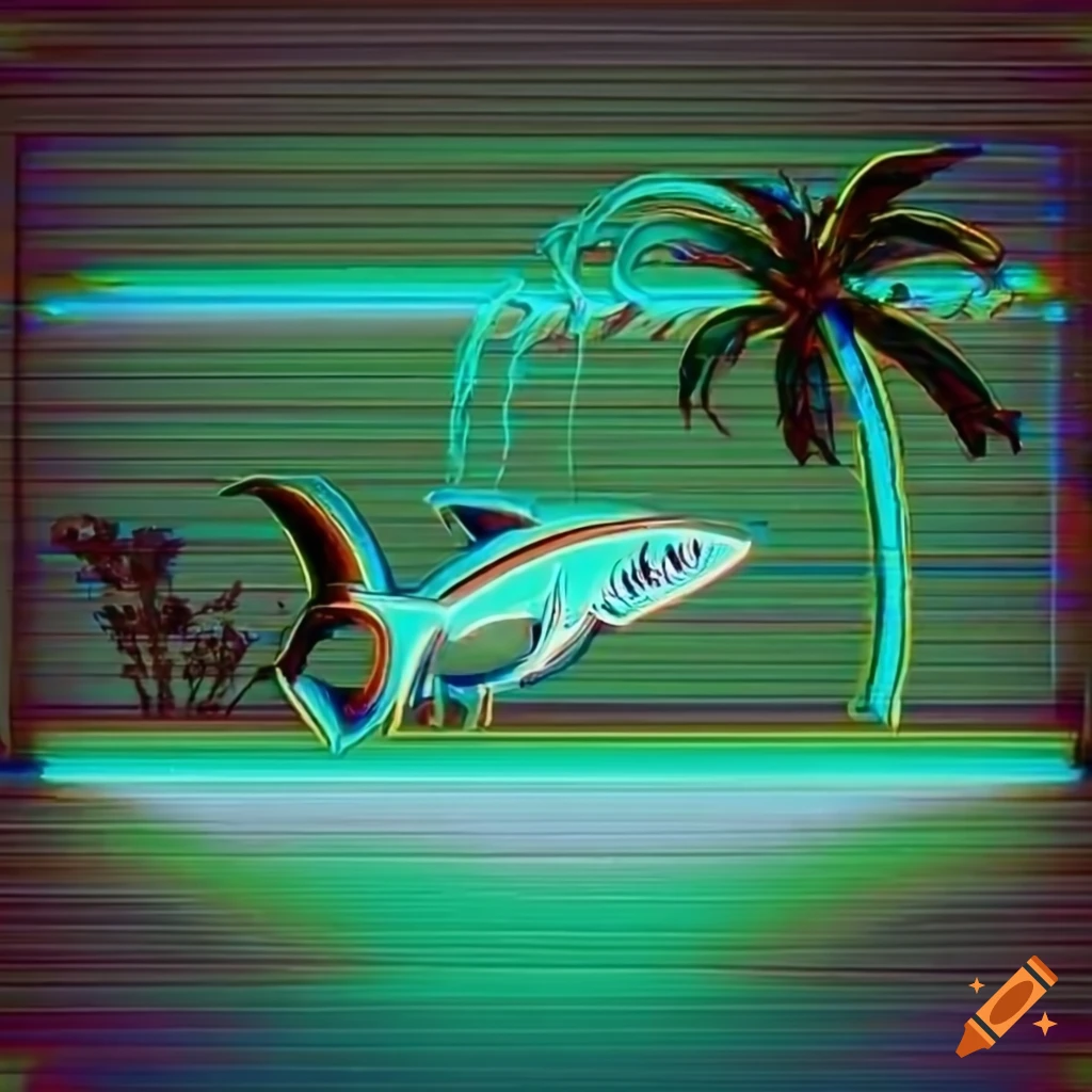 neon sign of vintage cartoon shark surrounded by tropical plants