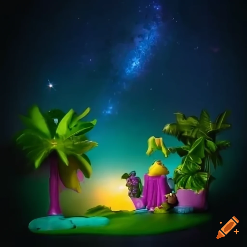 Polly Pocket tropical island with palm trees under starry sky