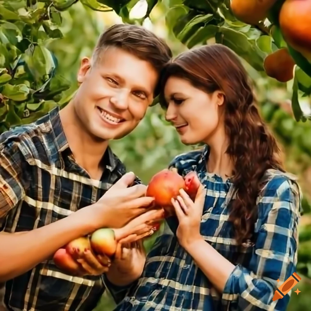 couple picking ripe fruits in an orchard