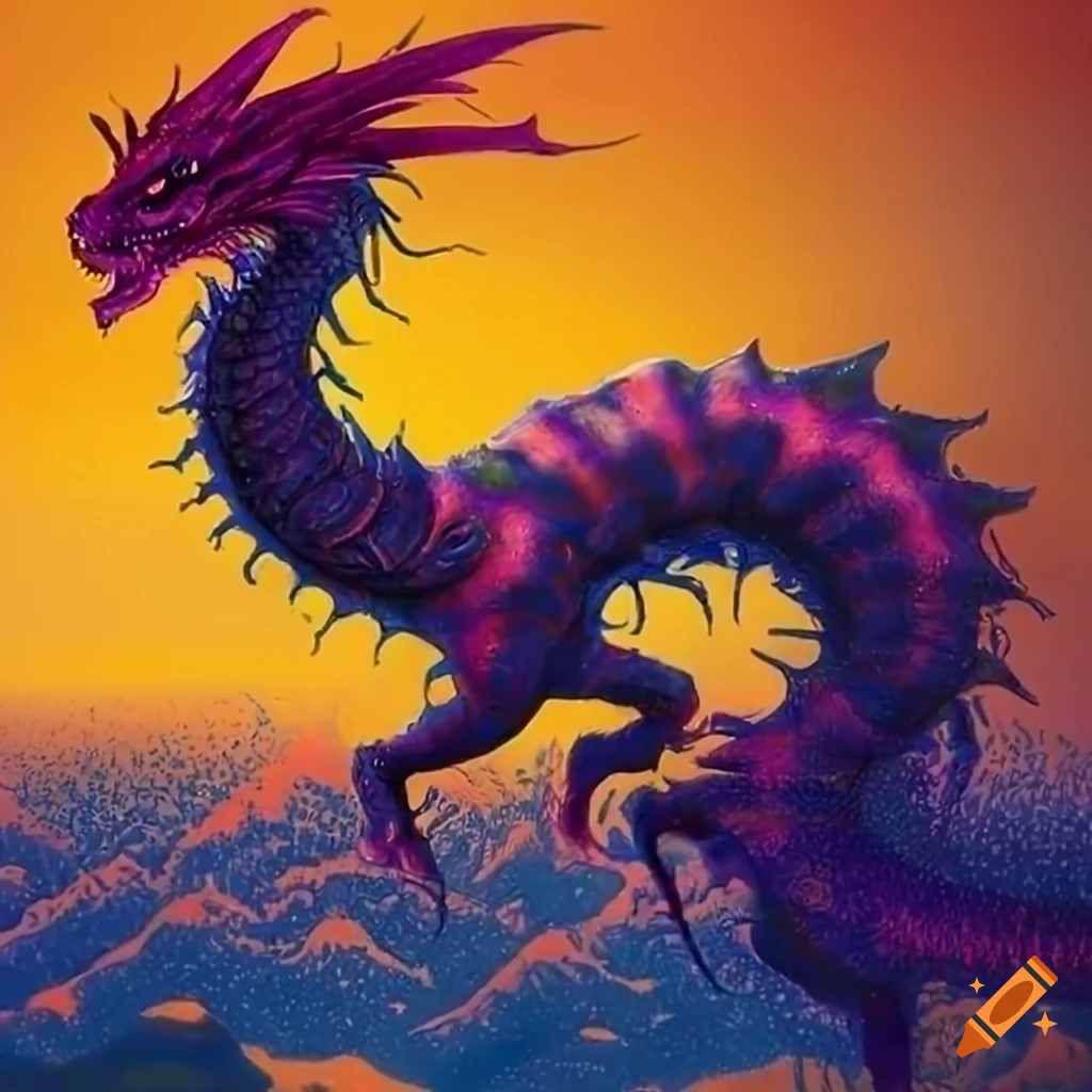 pointillism artwork of a pink dragon centipede under a setting sun