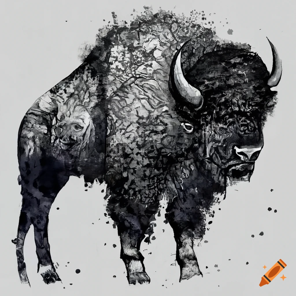mural of a bison in black ink