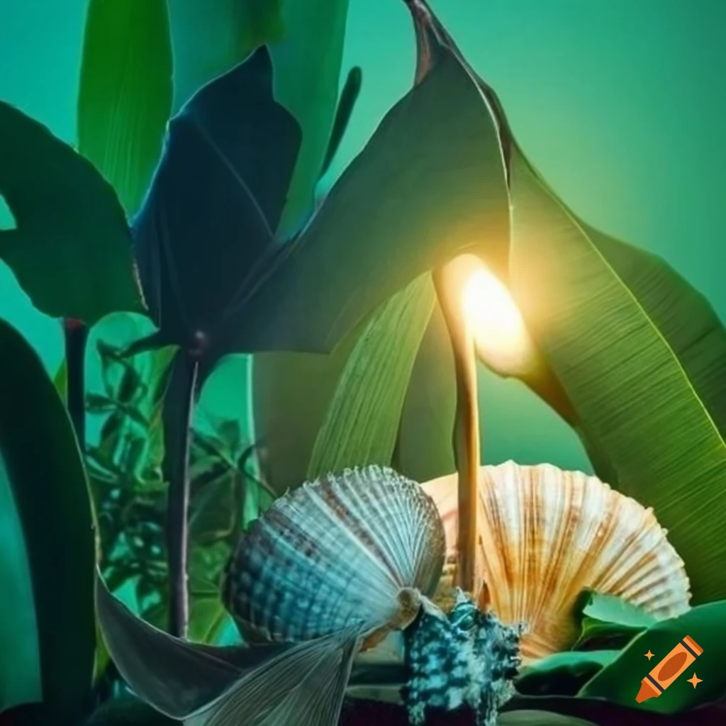 golden lighting on tropical plants and seashells with a bat