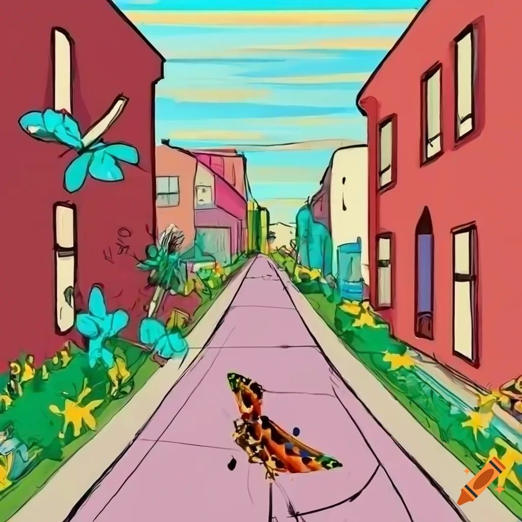 artistic street view with flowers and a person walking a pet butterfly
