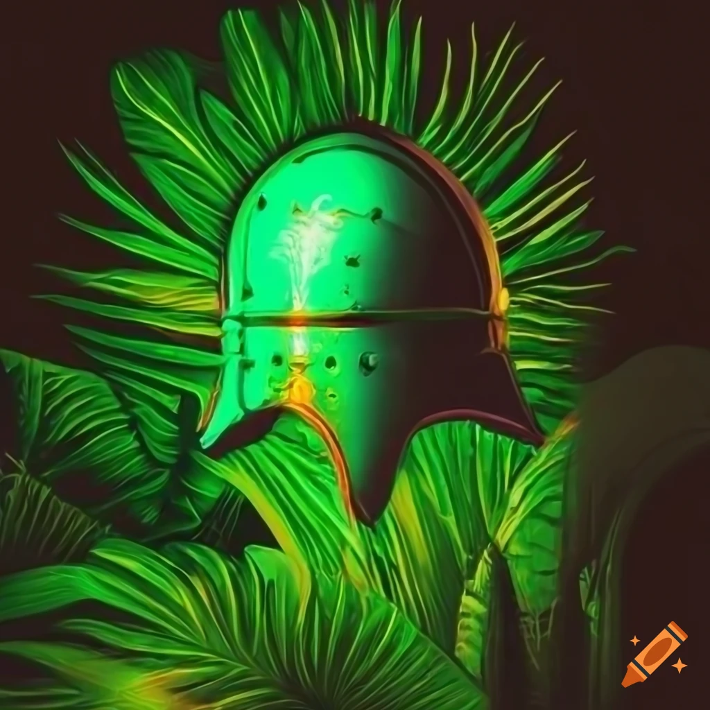 neon medieval helmet sign surrounded by tropical plants