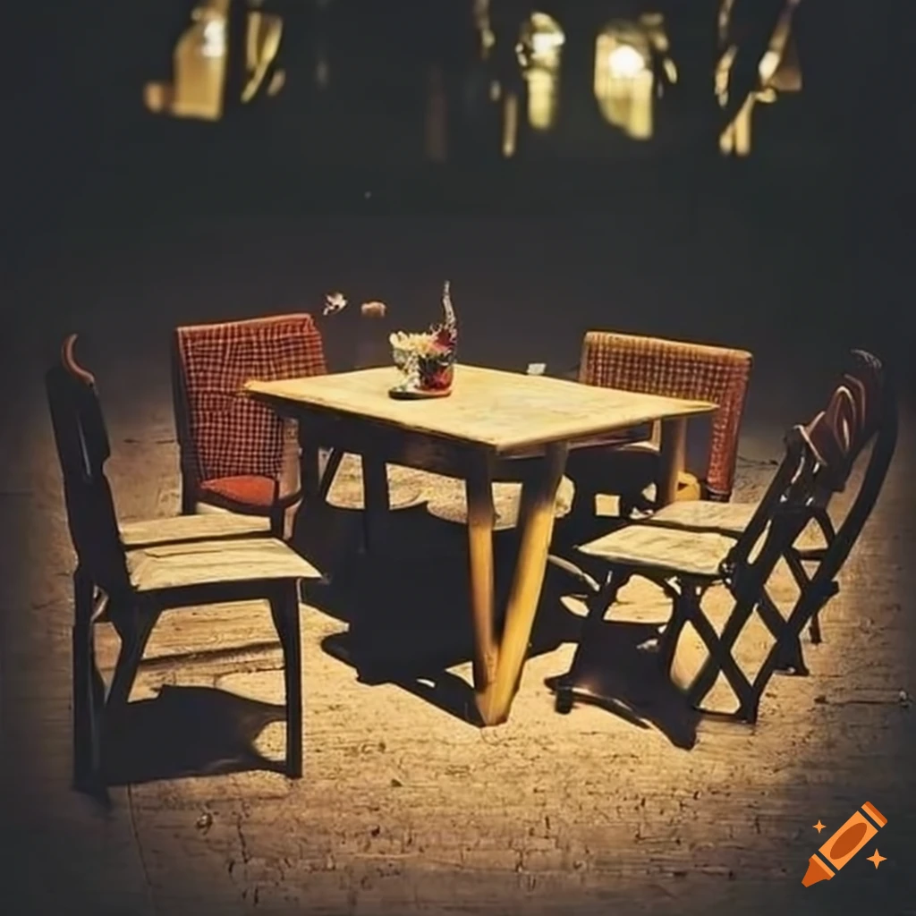 outdoor dining table with food in a dimly lit setting