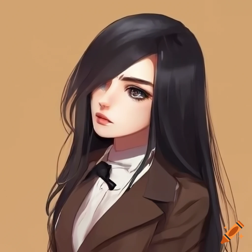 portrait of a woman with long black hair and light brown eyes