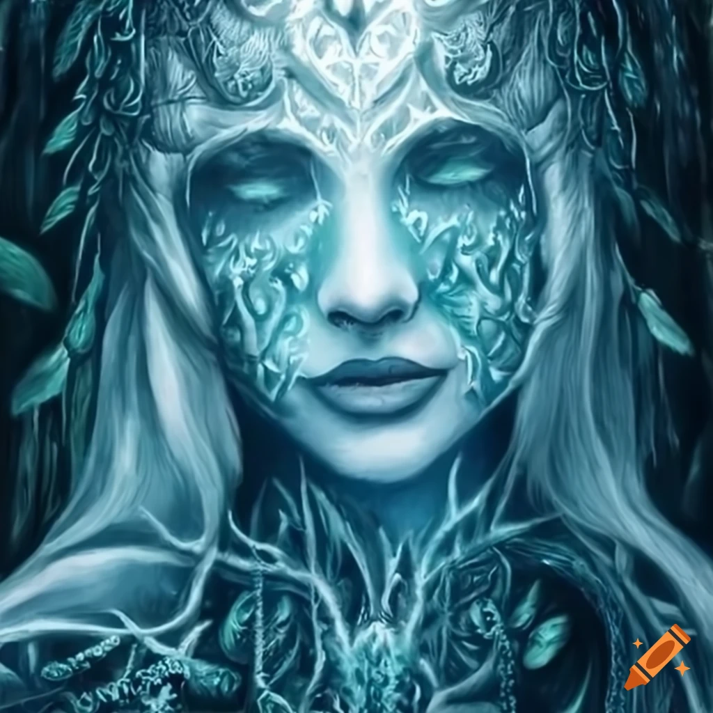 image of a pagan ice queen in a yule forest