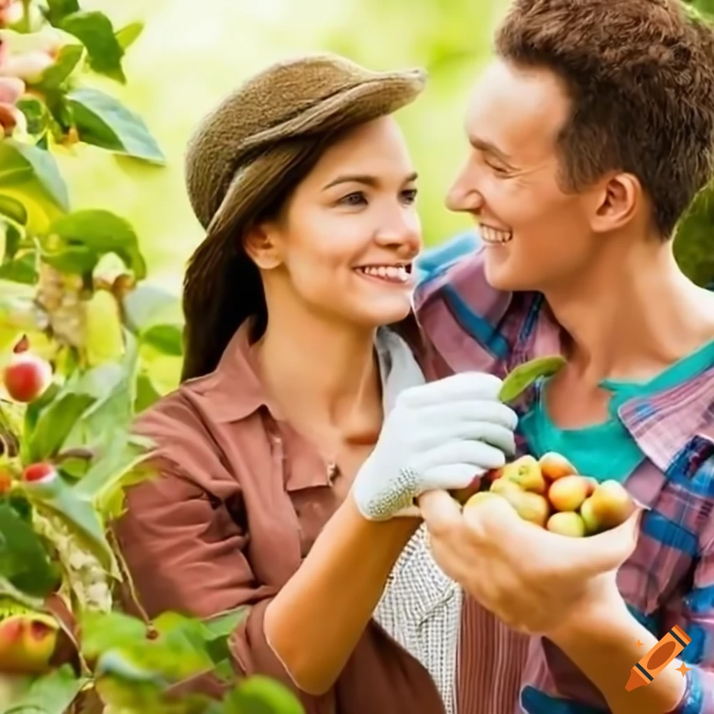 couple collecting ripe fruits from an orchard
