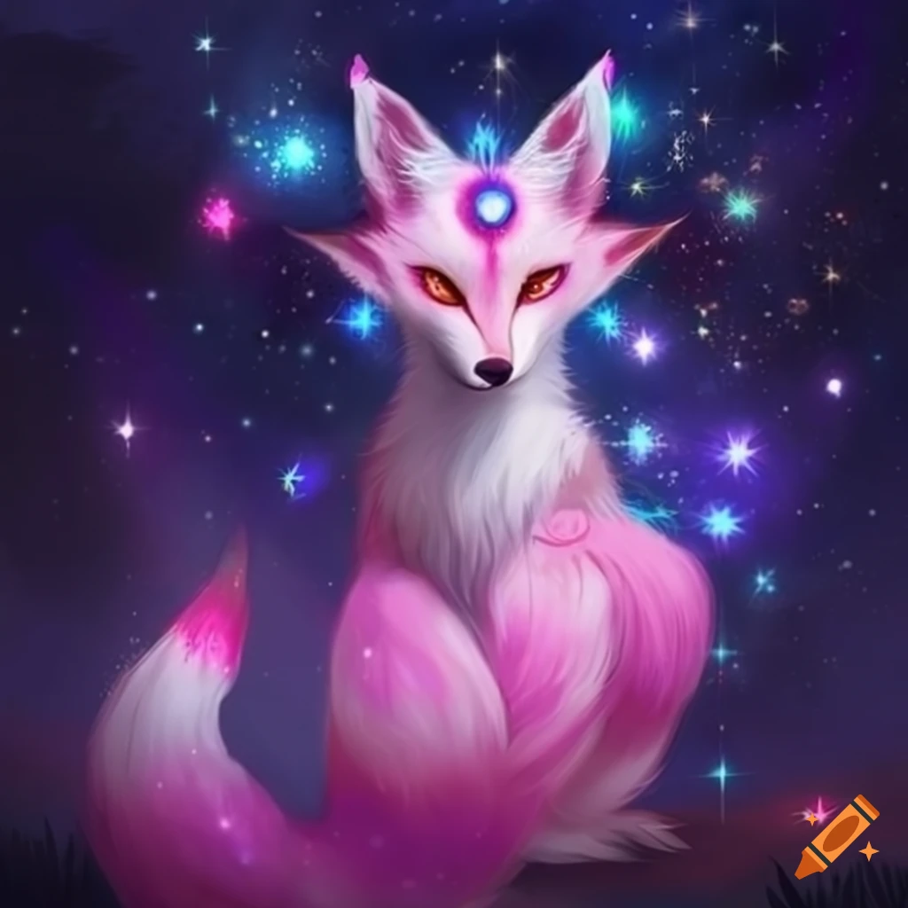 beautiful pink fantasy kitsune with two tails