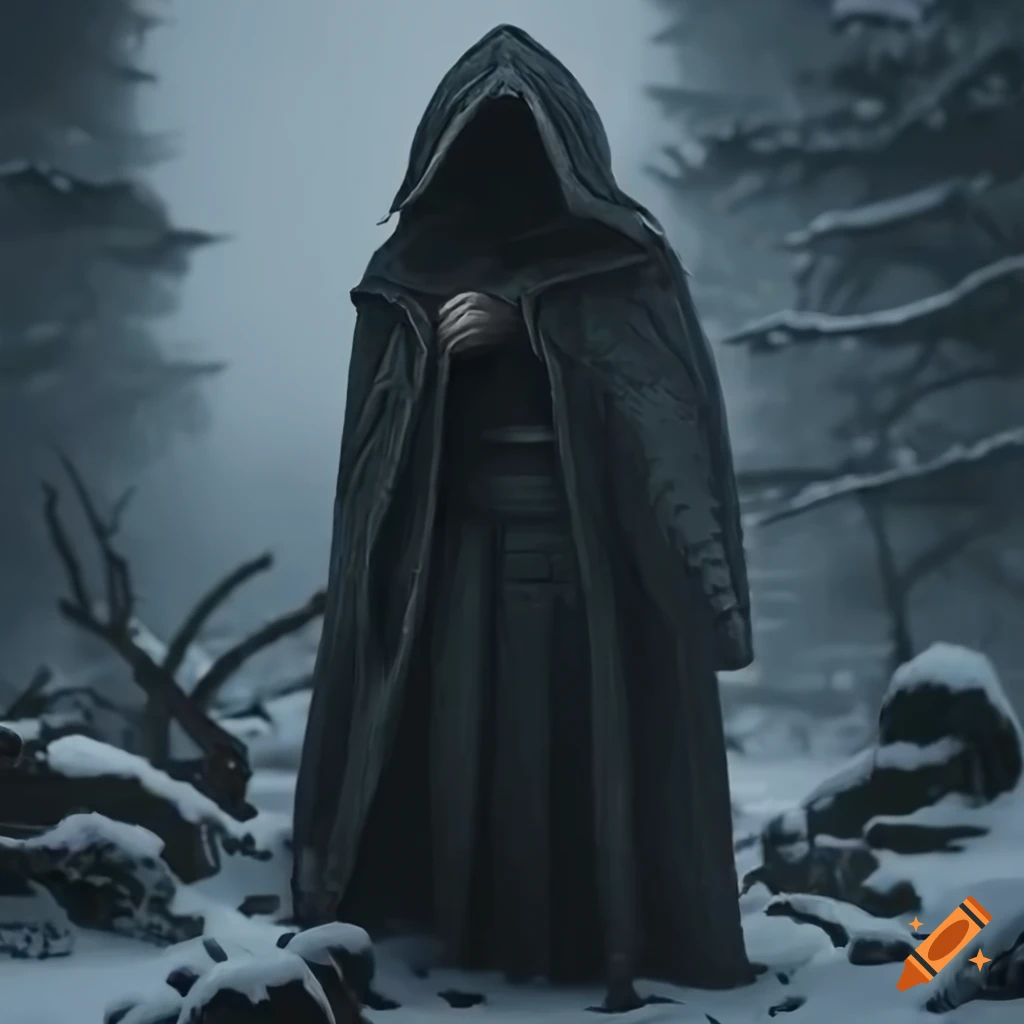artwork of a cloaked figure in a dark winter forest