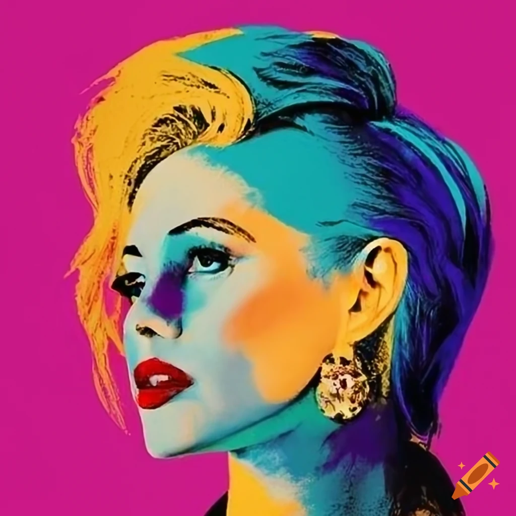Pop art portrait of a woman in Andy Warhol style on Craiyon