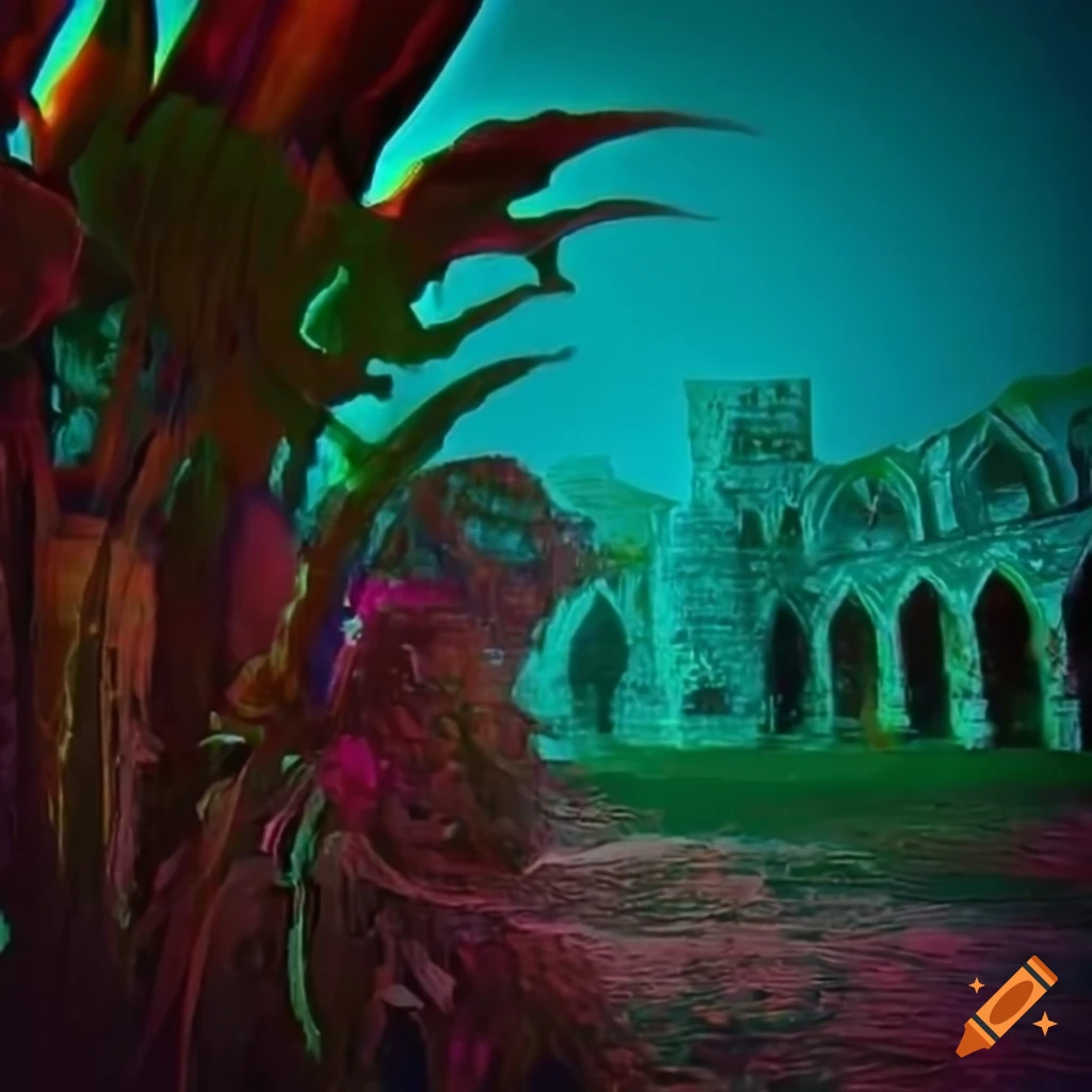 colorful tropical plants and medieval ruins