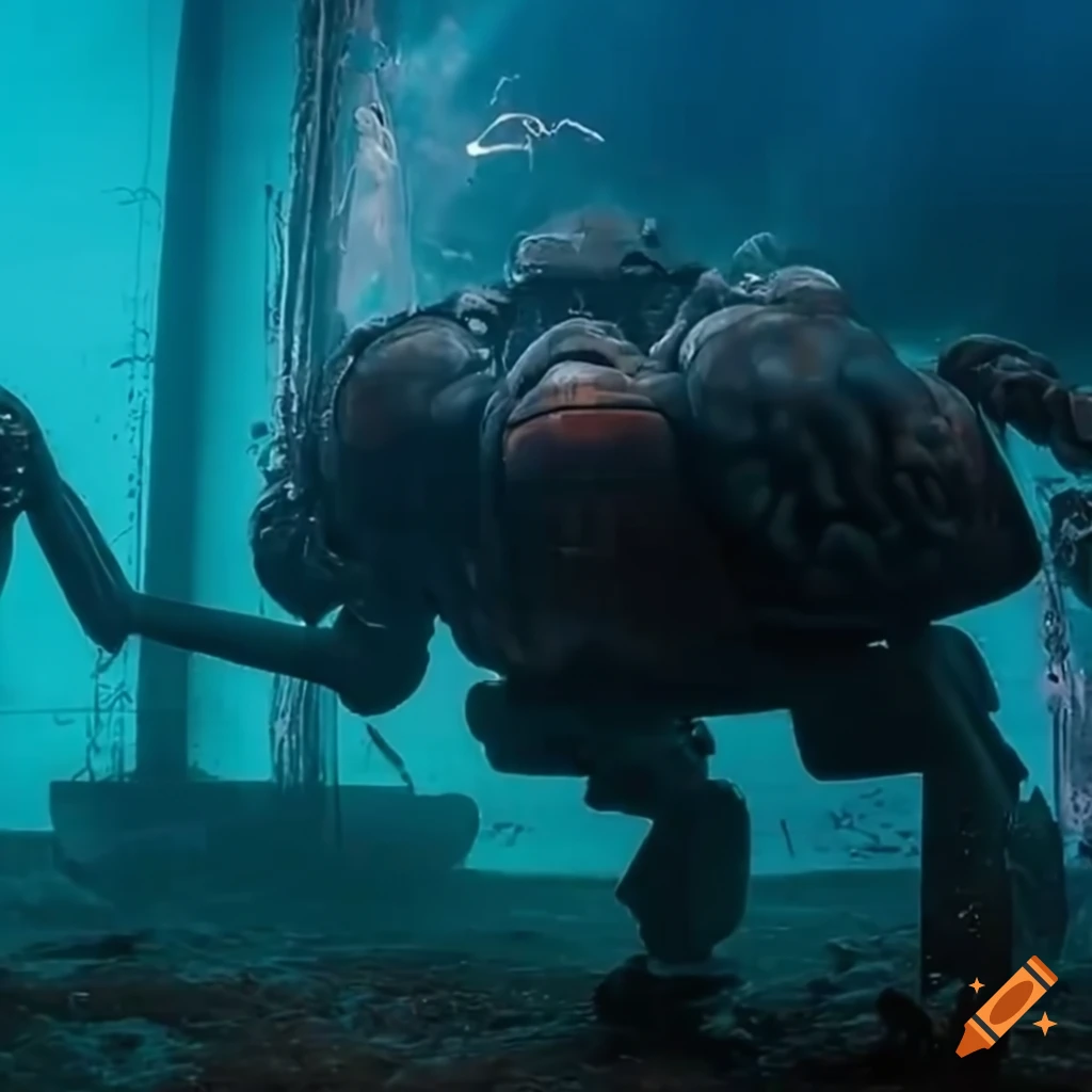 photograph of a battle mech operated by a whale brain