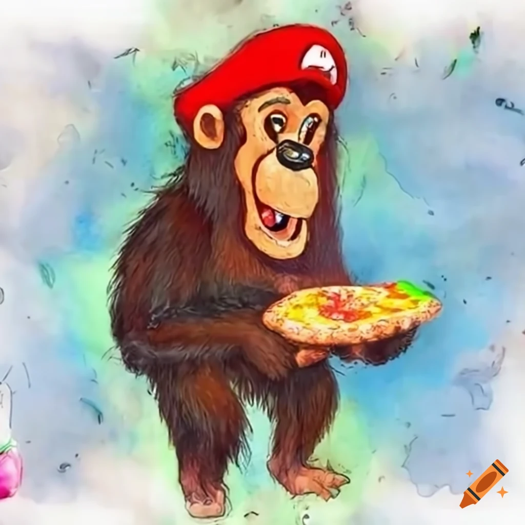 chimpanzee wearing Mario costume holding a pizza
