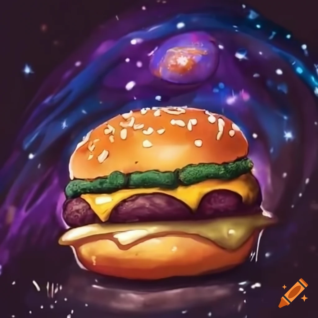 delicious cheeseburger, donuts, and broccoli in a cosmic setting